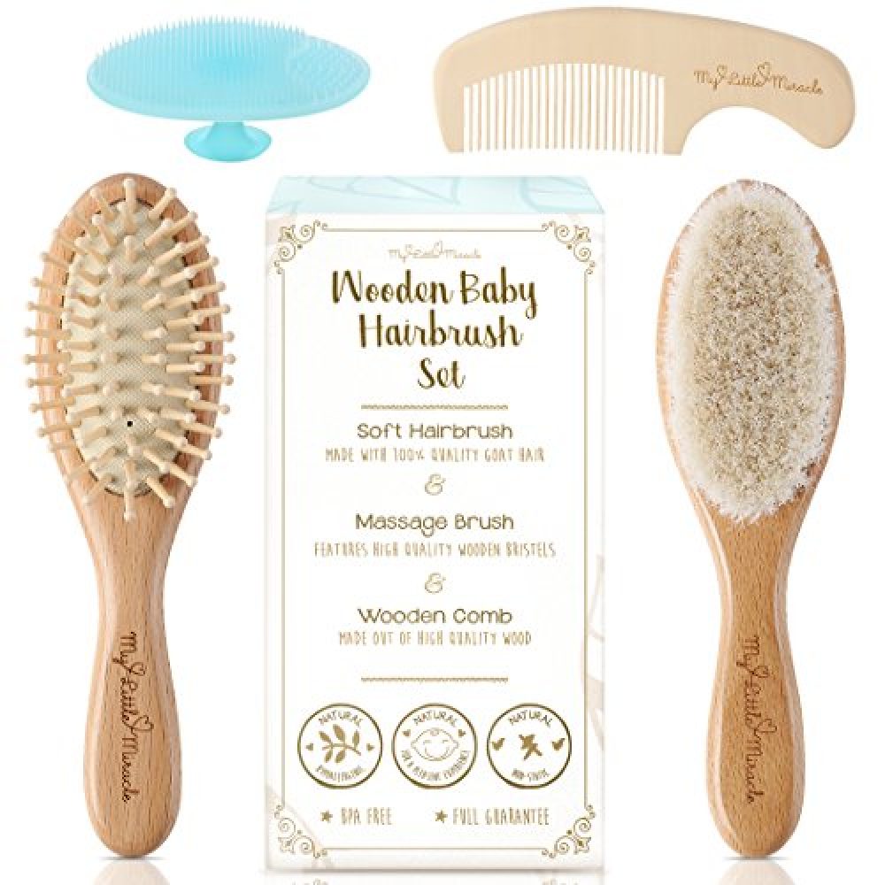 4 Piece Wooden Baby Hair Brush and Comb Set Natural Soft Goat