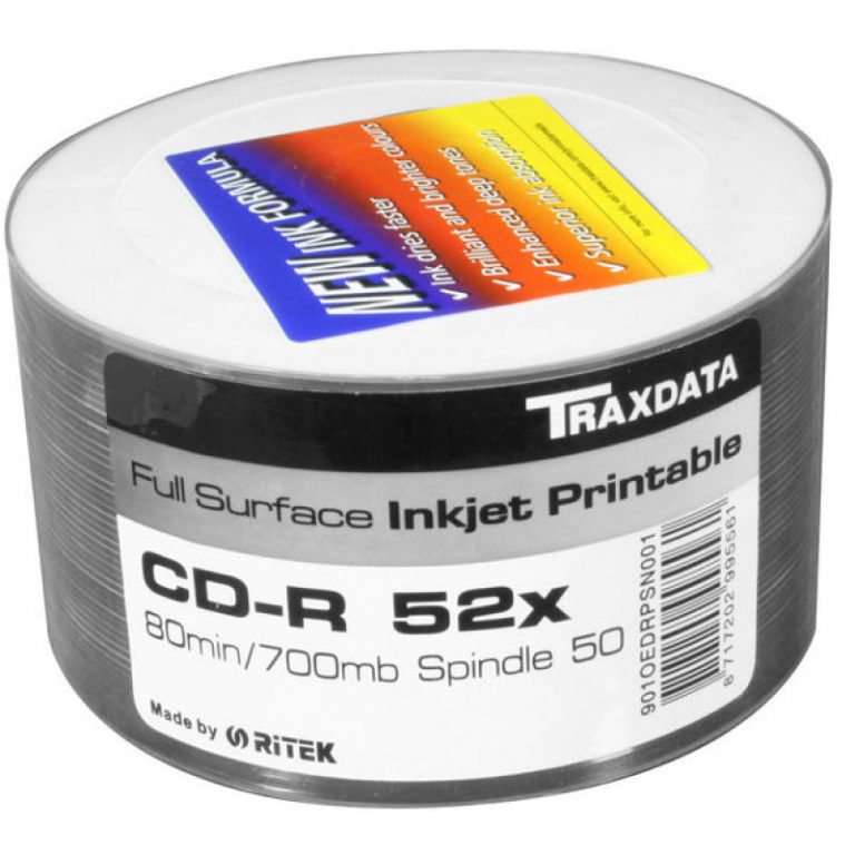 Ritek Pro CD-R 100 Pack – 52X, 700MB, 80 Min, Water-Resistant Glossy White Inkjet Printable Discs
