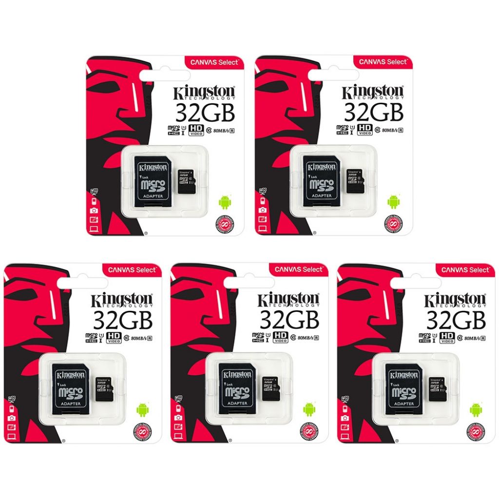Kingston Canvas Select Micro SD SDHC Memory Card 80MB/s UHS-1 Class 10 With Adapter 32gb Value 5 Pack