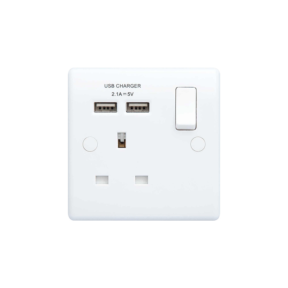 BG Electrical Single Gang Wall Power Socket Cover Plate with 2 USB