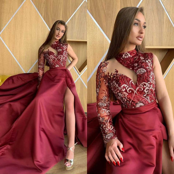 Dark Red Evening Dresses Illusion Lace Appliques Beaded High Neck Side ...