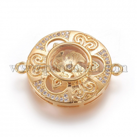 Brass Micro Pave Cubic Zirconia Links, with Glass, Flat Round with Chinese Character, Golden, 21.5×27.5x7mm, Hole: 1mm