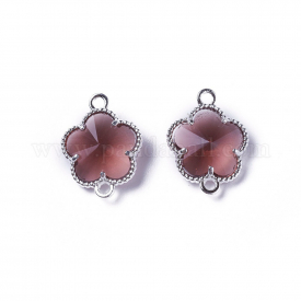Glass Links/Connectors, with Environmental Alloy Open Back Berzel Findings, Flower, Silver, Purple, 15.5x12x5mm, Hole: 1.4mm
