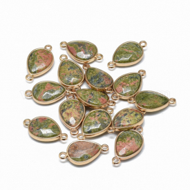 Natural Unakite Links/Connectors, with Golden Tone Brass Findings, Faceted, Drop, 27×14~15×6~7mm, Hole: 2mm