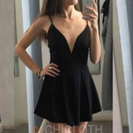 A-Line Spaghetti Straps Backless Elastic Satin Little Black Dress-Cheap Casual Dresses