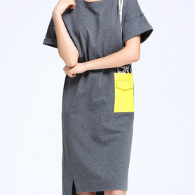 Gray Animal Print Short Sleeve Slit Midi Dress