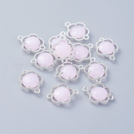 Glass Links/Connectors, with Environmental Alloy Open Back Berzel Findings, Faceted, Flower, Silver, PearlPink, 15.5x12x3mm, Hole: 1.4mm