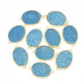 Plating AB Natural Druzy Agate Links/Connectors, with Brass Findings, Dyed, Oval, Golden, DeepSkyBlue, 22x14x4mm, Hole: 1mm