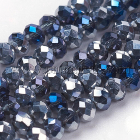 Electroplate Glass Faceted Rondelle Beads Strands, Half Plated, MidnightBlue, 3x2mm, Hole: 1mm; about 100pcs/strand, 10″