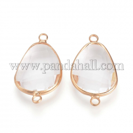 Glass Links/Connectors, with Brass Findings, Faceted, Drop, Nickel Free, Unplated, Clear, 27.5×16.5×4.5mm, Hole: 2mm