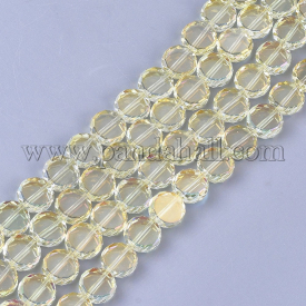 Electroplate Glass Beads Strands, Faceted, Flat Round, LightYellow, 10×4.5~5mm, Hole: 1mm; about 60pcs/strand, 23.4”