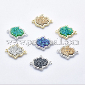 Brass Micro Pave Cubic Zirconia Links, with Druzy Resin, Hamsa Hand, Mixed Color, 21×14~14.5×4.5~5.5mm, Hole: 1mm