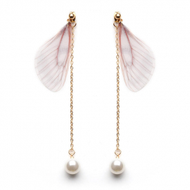 Sweet Chiffon Wings Asymmetric Artificial Pearl Women Earrings