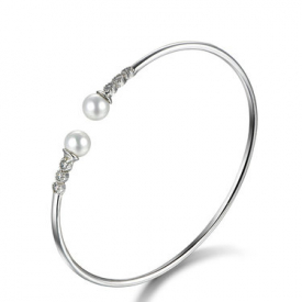 Silver Round Imitation Pearl Copper Bedazzled Twin Candy Bracelet