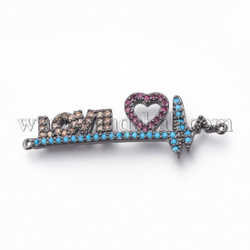 Brass Micro Pave Cubic Zirconia Links, Electrocardiograph & Heart with Word Love, Colorful, Gunmetal, 36x12x2mm, Hole: 0.7mm