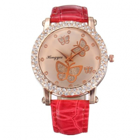 Womens Lovely Butterfly Crystal PU Leather Strap Quartz Watch