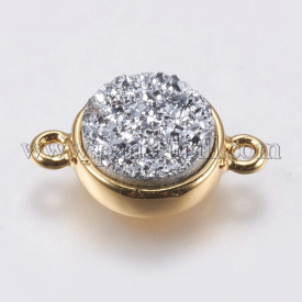 Druzy Resin Links, with Brass Finding, Flat Round, Golden, MarineBlue, 16.5×11.6×4~4.5mm, Hole: 1.5mm