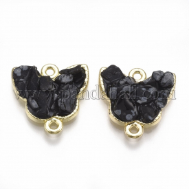 Alloy Links, with Gemstone and Enamel, Butterfly, Light Gold, Black, 17.5×17.5×5~7mm, Hole: 1.5mm