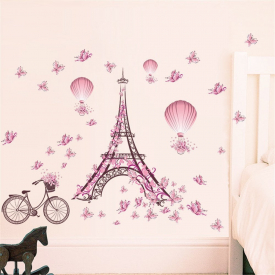Paris Tower Pink Butterfly Wall Art Sticker For Home Room Decoration Waterproof Removable Decals