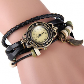 E048 Retro Quartz Watch Wing Round Dial Weave Wrap around Leather Strap for Women