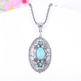 Retro Women s Turquoise Rhinestone Ellipse Pendant Necklace