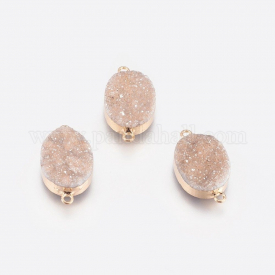 Dyed Natural Druzy Quartz Links/Connectors, with Brass Findings, Oval, Golden, 27x15x7mm, Hole: 1.5mm