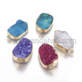 Natural Druzy Crystal Links/Connectors, with Golden Tone Brass Findings, Oval, Dyed, Mixed Color, 32~37×17.5~19.5×7.5~10.5mm, Hole: 1.8mm