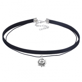 Double Flannel Necklace Sun Pattern Pendant Necklace Adjustable Necklace For Women  Black