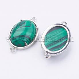 Brass Synthetic Malachite Links/Connectors, Oval, Platinum, 15x26x5.5~7mm, Hole: 1.5~2mm