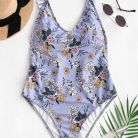 ZAFUL Flower Ruffle Backless Swimsuit