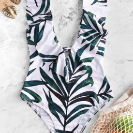 ZAFUL Leaf Print Ruffle Plunging Swimsuit