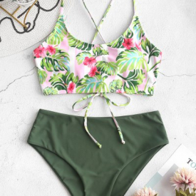 ZAFUL Flower Palm Lace Up Mix and Match Tankini Swimwear