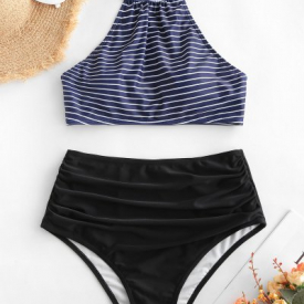ZAFUL Striped Crisscross Ruched Tankini Swimsuit