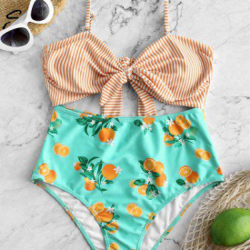 ZAFUL Striped Orange Print Tied Monokini Swimsuit