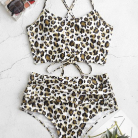 ZAFUL Leopard Lace-up Ruched Tankini Swimsuit