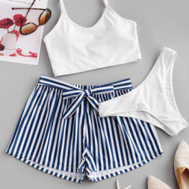 ZAFUL Ribbed Cami Bikini Swimsuit with Striped Board Shorts