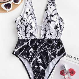 ZAFUL Splash Ink Colorblock Plunging One-piece Swimsuit