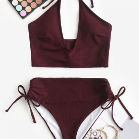 ZAFUL Cinched Solid Halter Tankini Set