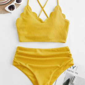 ZAFUL Ribbed Scalloped Lace Up Tummy Control Tankini Swimsuit