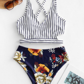 ZAFUL Crisscross Knot Floral Striped Tankini Swimsuit