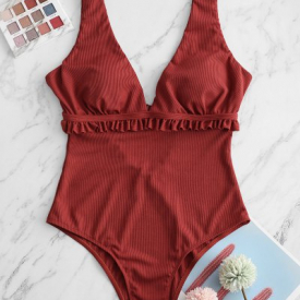 ZAFUL Plunge Ribbed Frilled One-piece Swimsuit