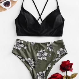 ZAFUL Floral Crisscross High Waisted Tankini Swimsuit