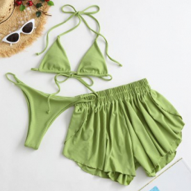 ZAFUL Ribbed Three Piece Halter Tie Bikini Swimsuit