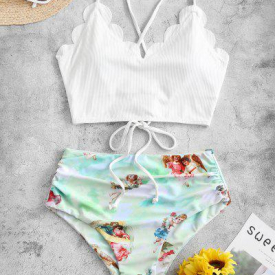 ZAFUL Angel Print Ribbed Lace Up Scalloped Tankini Swimsuit