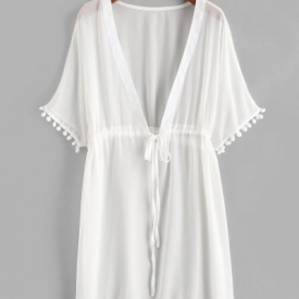 Drawstring Chiffon Pompoms Beach Dress
