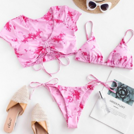 ZAFUL Tie Dye Cinched Three Piece Swimsuit
