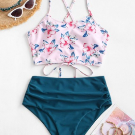 ZAFUL Leaf Print Crisscross Ruched Tankini Swimsuit