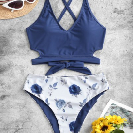 ZAFUL Reversible Criss Cross Floral Tankini Swimwear