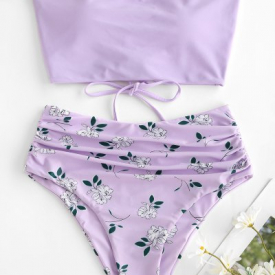 ZAFUL Lace Up Floral Bandeau High Waisted Tankini Swimwear