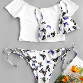ZAFUL Off Shoulder Butterfly String Three Piece Bikini Swimwear